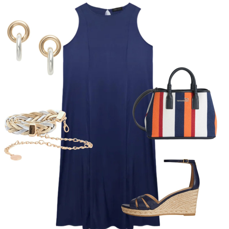 Outfit donna - Comoda e fresca. Stile Urban per Tutti i giorni. Abbinamento con shopping bag, cinture, vestiti midi/longuette, orecchini, zeppe.