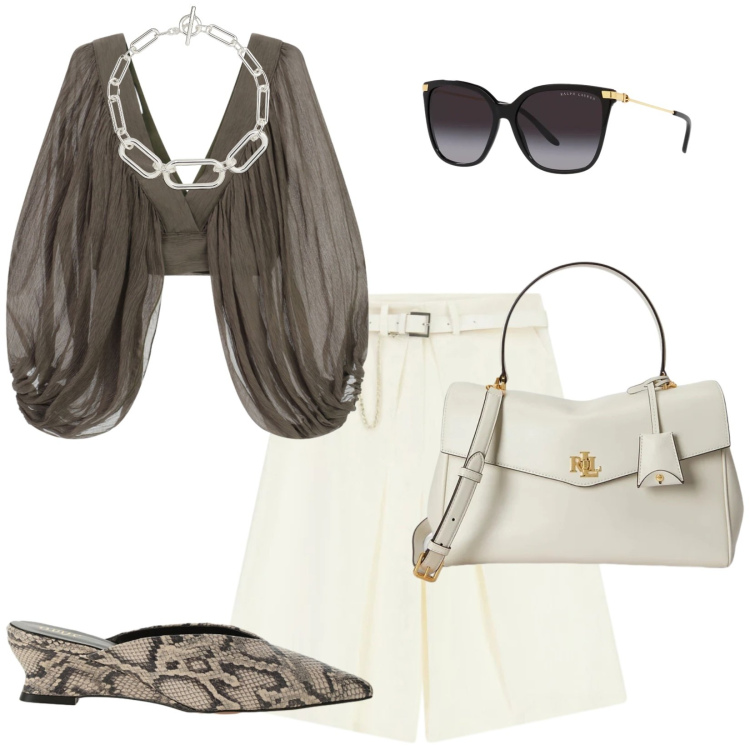 Outfit donna - Italian Summer. per Serata fuori. Abbinamento con bermuda, top, sabot, occhiali da sole, borse a mano, collane.