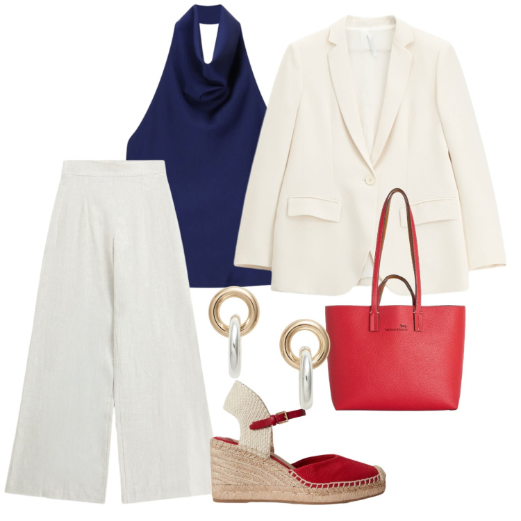 Outfit donna - Italia. per Tutti i giorni. Abbinamento con shopping bag, orecchini, zeppe, blazer, top, pantaloni a palazzo.