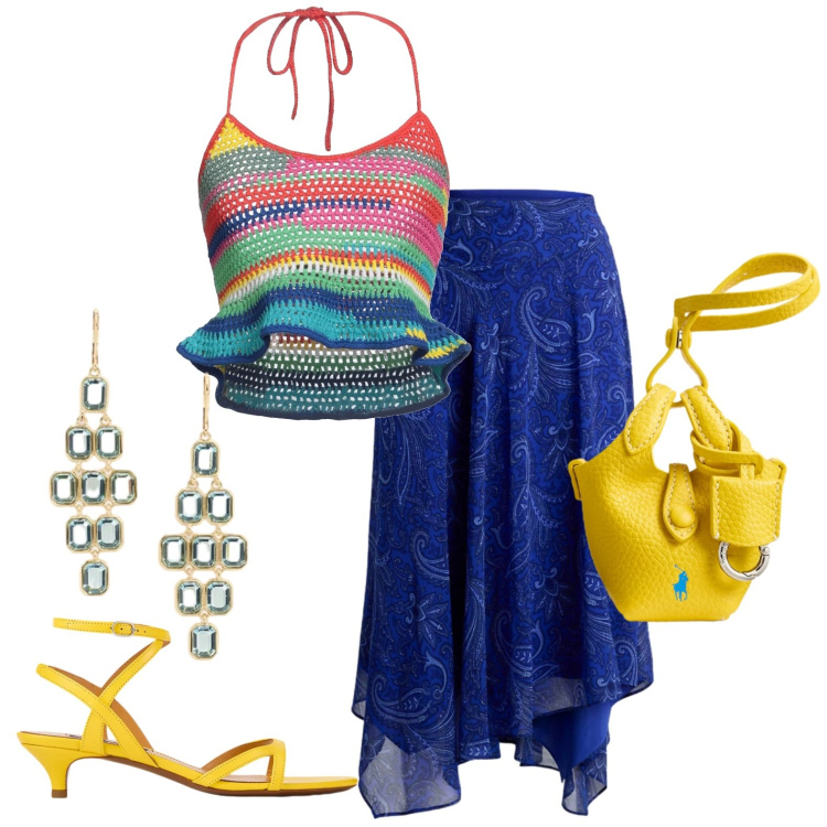 Outfit donna - Vacanza. Stile Casual chic per Tutti i giorni. Abbinamento con top, sandali col tacco, orecchini, gonne, portachiavi.