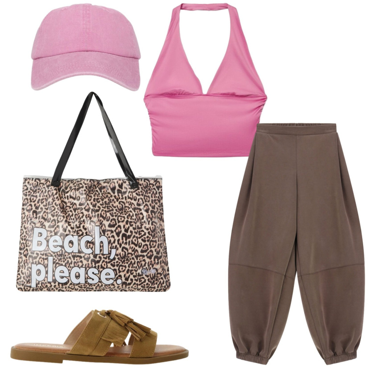 Outfit donna - Total look #2430298. Stile Sporty chic per Tutti i giorni. look ideale per Petite. Abbinamento con borse tote, cappelli con visiera, top, sandali, pantaloni.