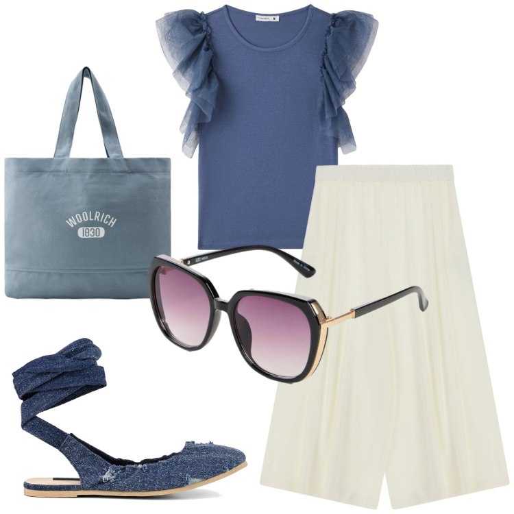 Outfit donna - Total look #2430301. Stile Casual per Cerimonia. Abbinamento con occhiali da sole, t-shirt, pantaloni a palazzo, borse tote, ballerine.