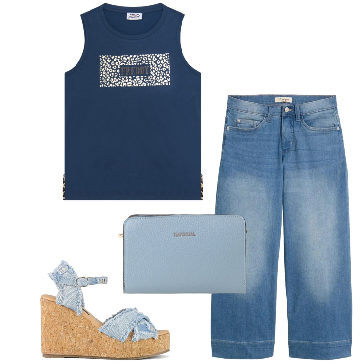 Outfit donna - Total look #2430302. Stile Casual per Tutti i giorni. Abbinamento con jeans, canottiere, borse a tracolla, zeppe.