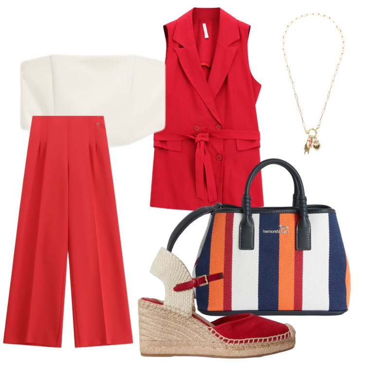 Outfit donna - Completo Rosso passione. Stile Trendy per Tutti i giorni. Abbinamento con shopping bag, top, gilet, pantaloni a palazzo, ciondoli, zeppe.