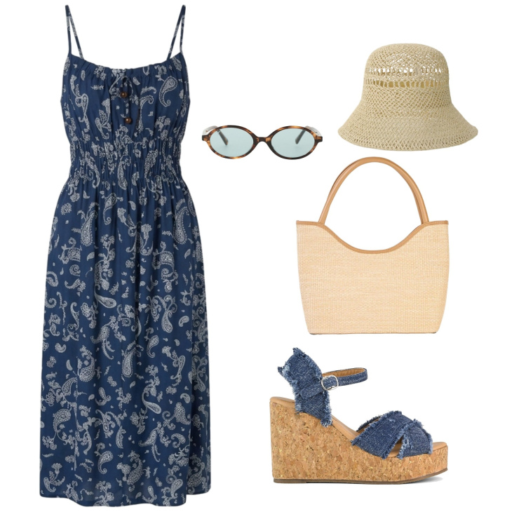 Outfit donna - Sole, Mare. Stile Minimal per Mare. Abbinamento con shopping bag, vestiti lunghi, occhiali da sole, cappelli, zeppe.