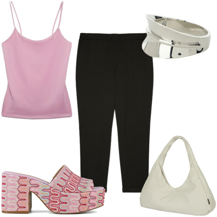 Outfit donna - Total look #2430319. Stile Trendy per Tutti i giorni. Abbinamento con canottiere, braccialetti, pantaloni, borse a spalla, sabot.