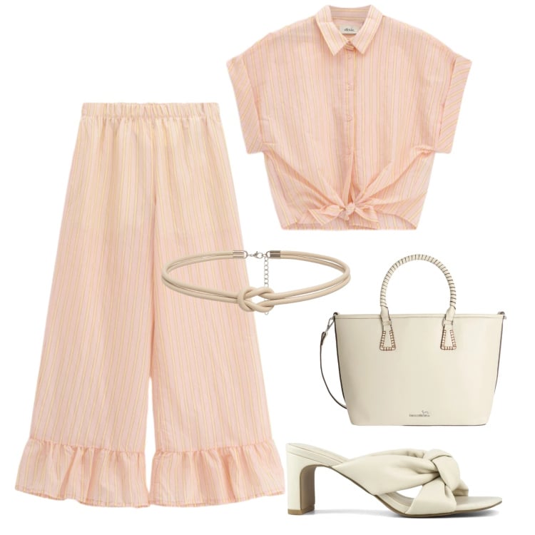 Outfit donna - Pink B.B. style anni ‘60. Stile Vintage retrò per Tutti i giorni. Abbinamento con shopping bag, pantaloni a palazzo, camicie a manica corta, cinture, sandali col tacco.