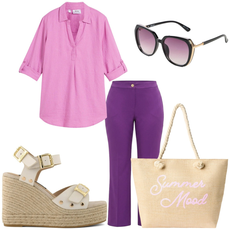 Outfit donna - La giornata estiva. Stile Casual chic per Tutti i giorni. Abbinamento con bluse, occhiali da sole, borse tote, pantaloni, zeppe.