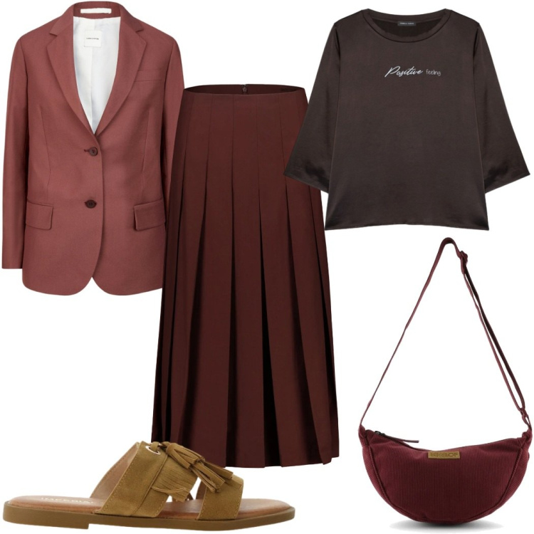Outfit donna - Total look #2430326. Stile Casual per Ufficio. Abbinamento con bluse, gonne longuette, blazer, sandali, borse a tracolla.