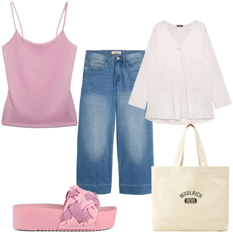 Outfit donna - Total look #2430327. Stile Casual per Tutti i giorni. Abbinamento con jeans, canottiere, bluse, borse tote, ciabatte.