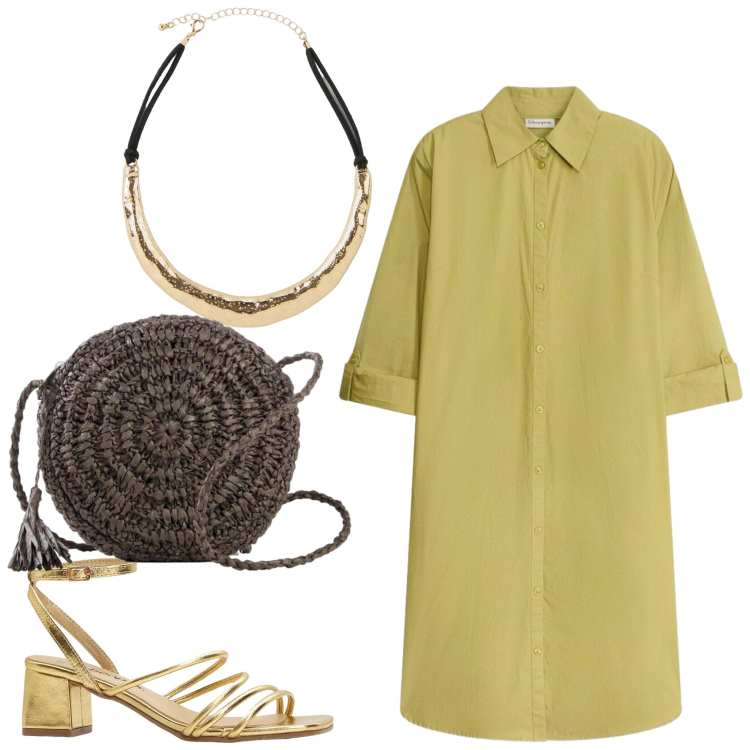 Outfit donna - Verdeoro. Stile Casual chic per Tutti i giorni. Abbinamento con vestiti chemisier, sandali col tacco, borse a tracolla, collane.