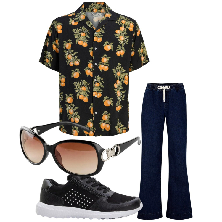 Outfit donna - Simpatica. Stile Casual per Tutti i giorni. Abbinamento con jeans, sneakers, camicie a manica corta, occhiali da sole.