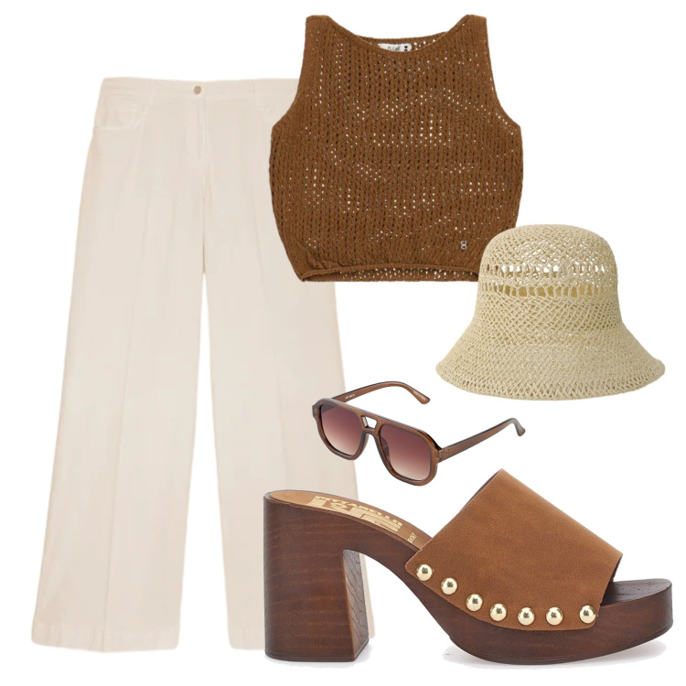 Outfit donna - Mokka summer. Stile Casual per Tutti i giorni. Abbinamento con occhiali da sole, cappelli, top, pantaloni a palazzo, zoccoli.