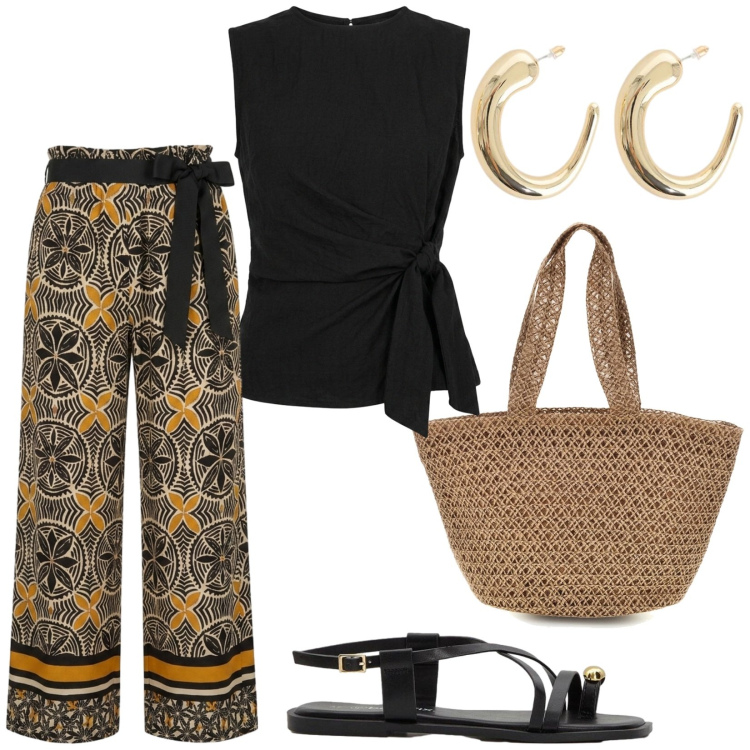 Outfit donna - My Summer style. Stile Etnico per Tutti i giorni. Abbinamento con sandali, orecchini, pantaloni, top, borse tote.
