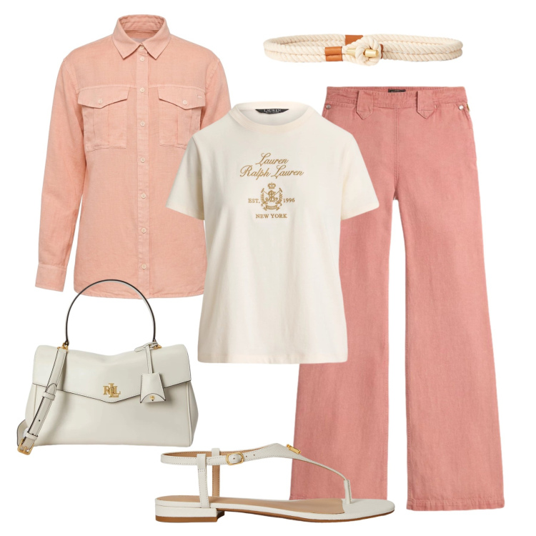 Outfit donna - Watermelon Pink in città. Stile Urban per Tutti i giorni. Abbinamento con camicie, borse a mano, pantaloni, sandali in pelle, cinture, t-shirt.