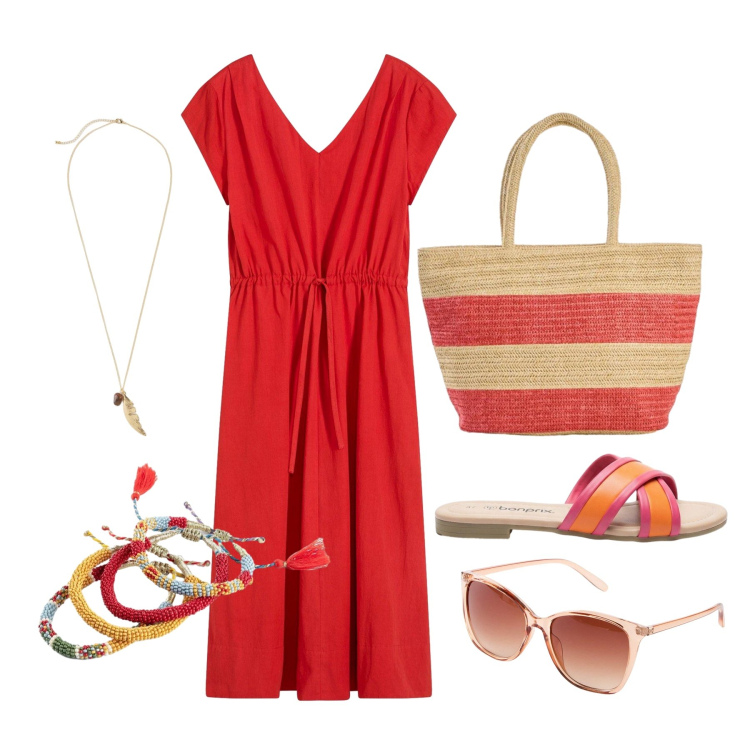 Outfit donna - Luglio. Stile Trendy per Tutti i giorni. Abbinamento con vestiti, occhiali da sole, ciabatte, collane, shopping bag, braccialetti.
