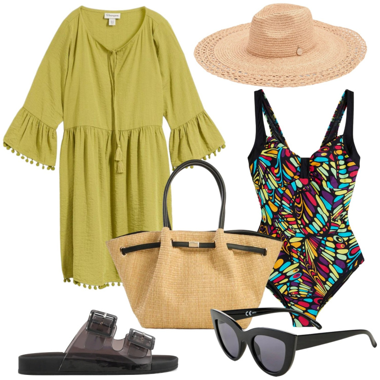 Outfit donna - L\'abito per le vacanze. Stile Casual chic per Mare. Abbinamento con vestiti, occhiali da sole, shopping bag, costumi interi, cappelli, sandali.