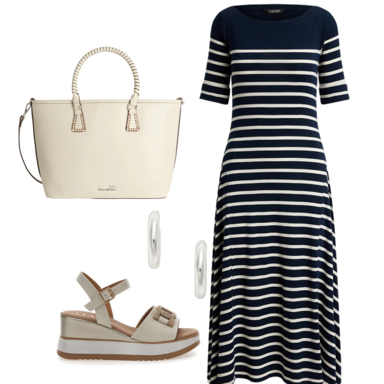 Outfit donna - Estate in città. Stile Casual chic per Ufficio. Abbinamento con shopping bag, vestiti, orecchini, sandali col tacco.