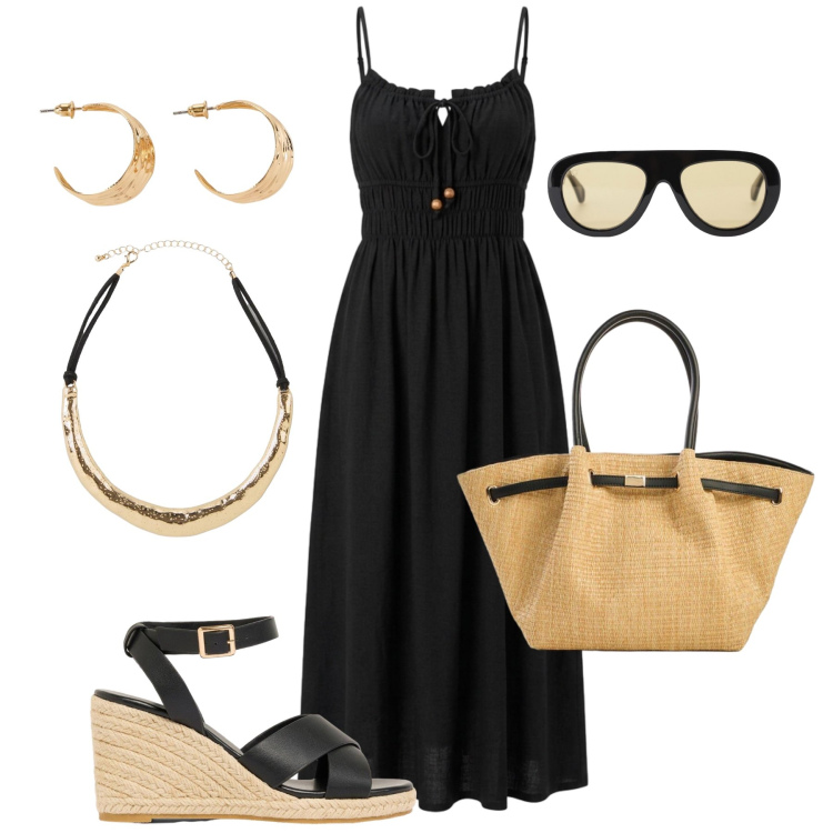 Outfit donna - Giornate calde in città - @laurafo. Stile Boho per Tutti i giorni. Abbinamento con orecchini, zeppe, shopping bag, collane, vestiti lunghi, occhiali da sole.