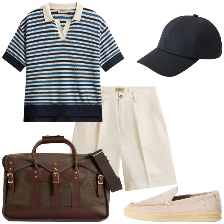 Outfit donna - Woolrich - Summer Layers. Stile Casual per Tutti i giorni. Abbinamento con borse a tracolla, cappelli, mocassini, pantaloni corti, polo.