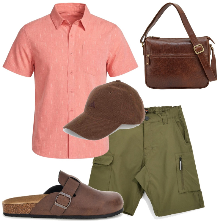 Outfit uomo - Pittarello - Summer Collection. Stile Casual per Mare. Abbinamento con cappelli con visiera, bermuda, camicie a manica corta, borse sportive, sandali.