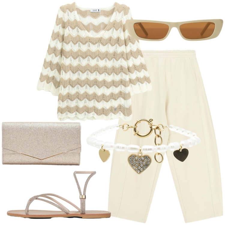 Outfit donna - Total look #2430356. Stile Casual per Tutti i giorni. Abbinamento con sandali, clutch, pantaloni a palazzo, occhiali da sole, maglieria, braccialetti.