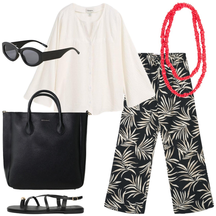 Outfit donna - Total look #2430360. Stile Casual chic per Tutti i giorni. Abbinamento con bluse, occhiali da sole, pantaloni, sandali, collane, borse a tracolla.