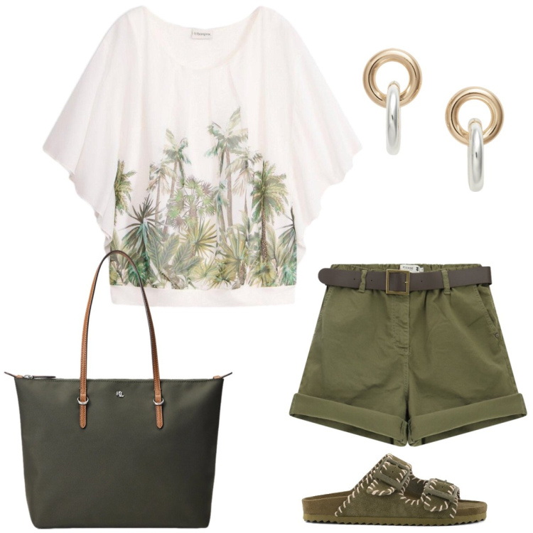 Outfit donna - Total look #2430364. Stile Casual chic per Tutti i giorni. Abbinamento con bluse, borse tote, orecchini, shorts, sandali in pelle.