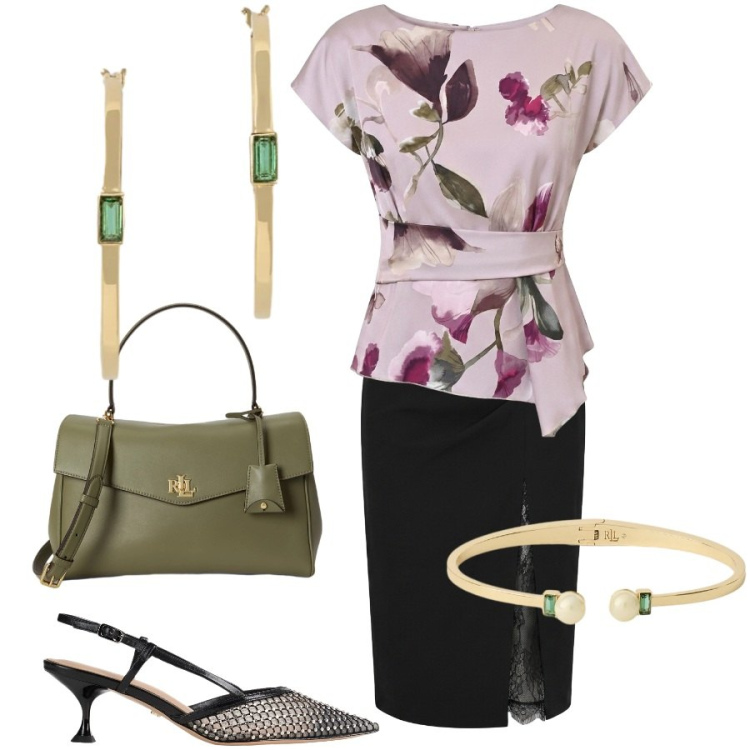 Outfit donna - Total look #2430365. Stile Chic per Cerimonia. Abbinamento con décolleté, t-shirt, gonne longuette, borse a mano, orecchini, braccialetti.