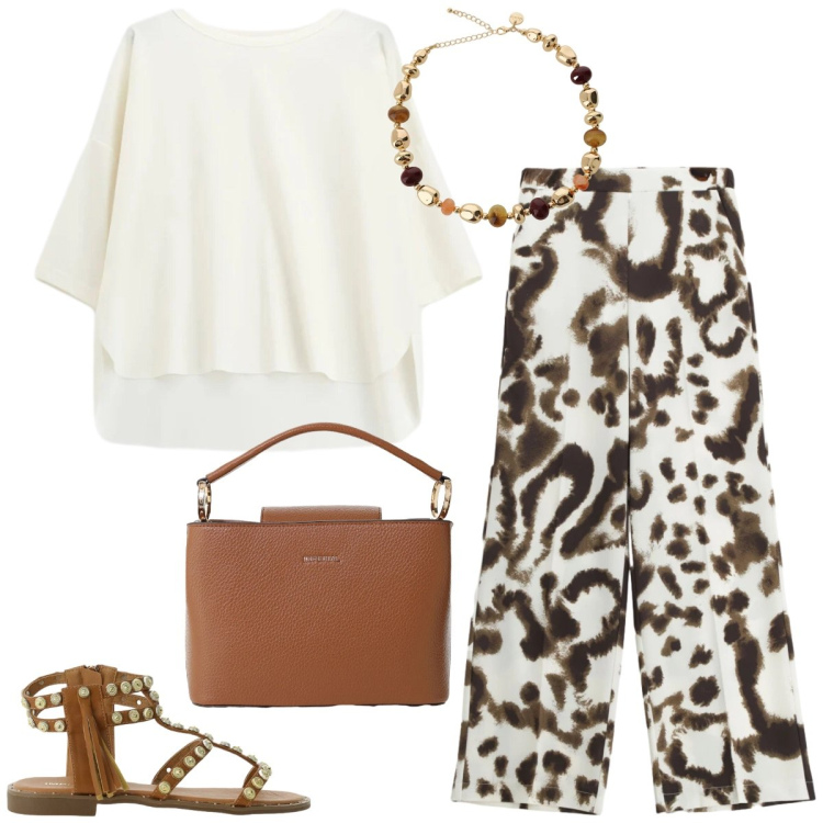 Outfit donna - Total look #2430367. Stile Casual chic per Tutti i giorni. Abbinamento con pantaloni a palazzo, bluse, borse a secchiello, sandali, collane.