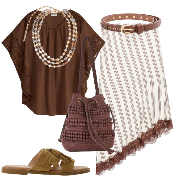 Outfit donna - Total look #2430368. Stile Casual per Tutti i giorni. Abbinamento con borse a secchiello, tuniche, cinture, sandali, gonne longuette, collane.