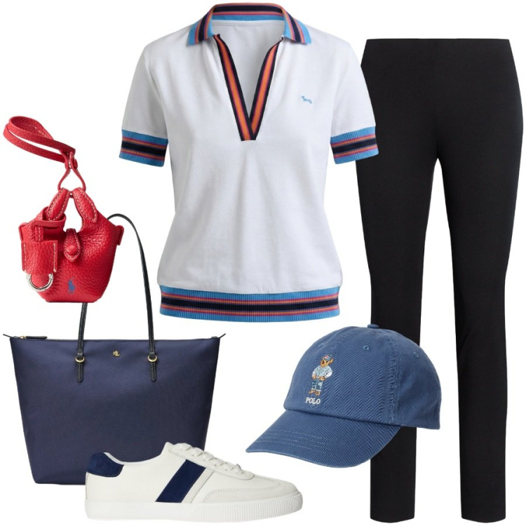Outfit donna - Sporty chic. Stile Sporty chic per Tutti i giorni. Abbinamento con polo, pantaloni skinny, sneakers, cappelli con visiera, borse tote, portachiavi.
