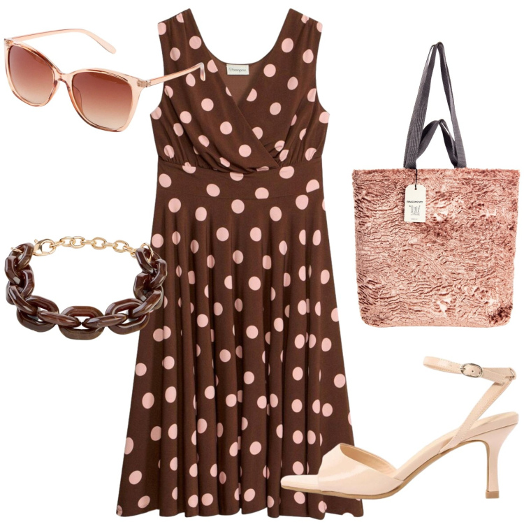 Outfit donna - Total look #2430372. Stile Casual chic per Tutti i giorni. Abbinamento con vestiti, occhiali da sole, braccialetti, sandali col tacco, borse tote.
