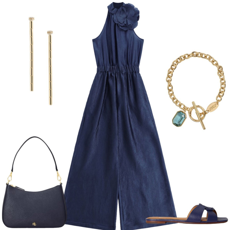 Outfit donna - Total look #2430374. Stile Chic per Tutti i giorni. Abbinamento con tute, borse a spalla, sandali in pelle, orecchini, braccialetti.