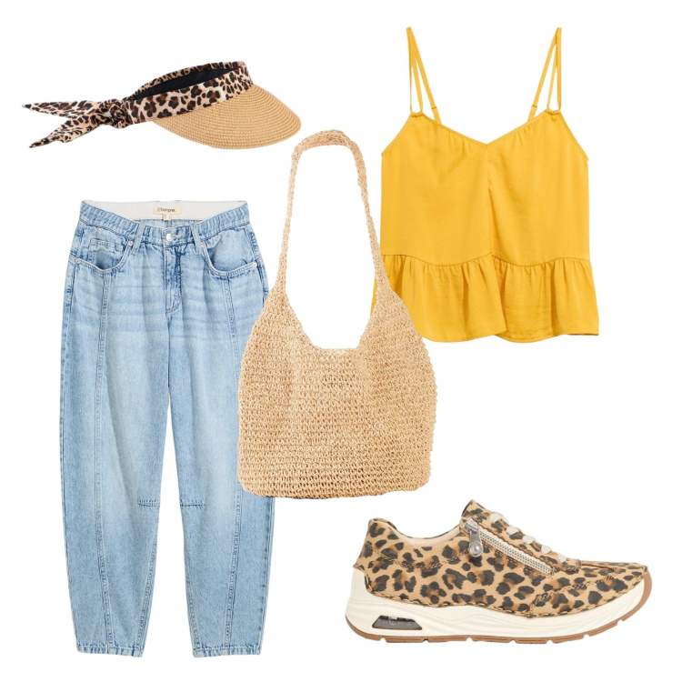 Outfit donna - Sole in città. Stile Trendy per Tutti i giorni. Abbinamento con jeans, top, sneakers, shopping bag, cappelli con visiera.