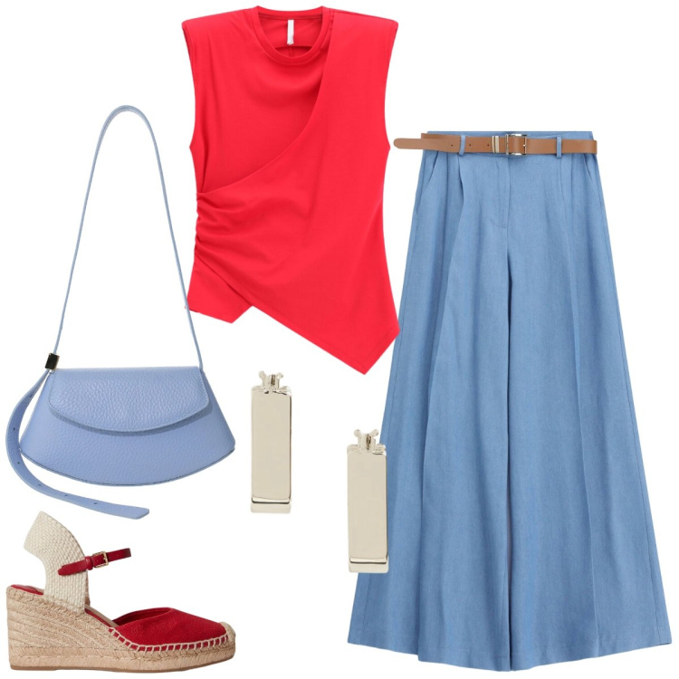 Outfit donna - Total look #2430378. Stile Casual per Tutti i giorni. Abbinamento con jeans, top, borse a spalla, zeppe, orecchini.