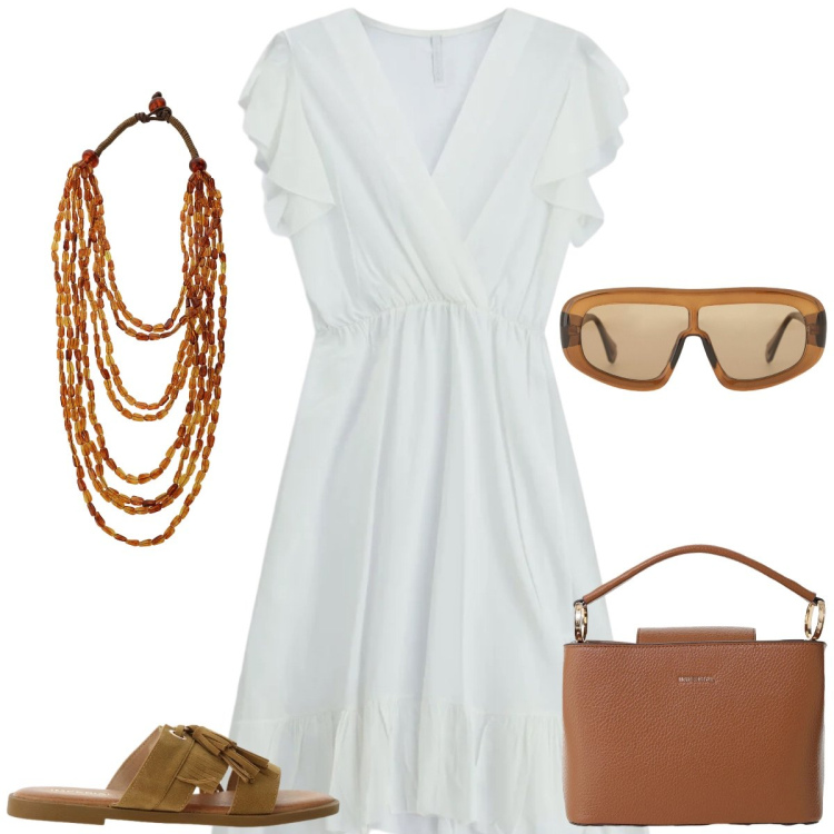 Outfit donna - Total look #2430379. Stile Casual chic per Tutti i giorni. Abbinamento con occhiali da sole, borse a secchiello, collane, sandali, vestiti corti.