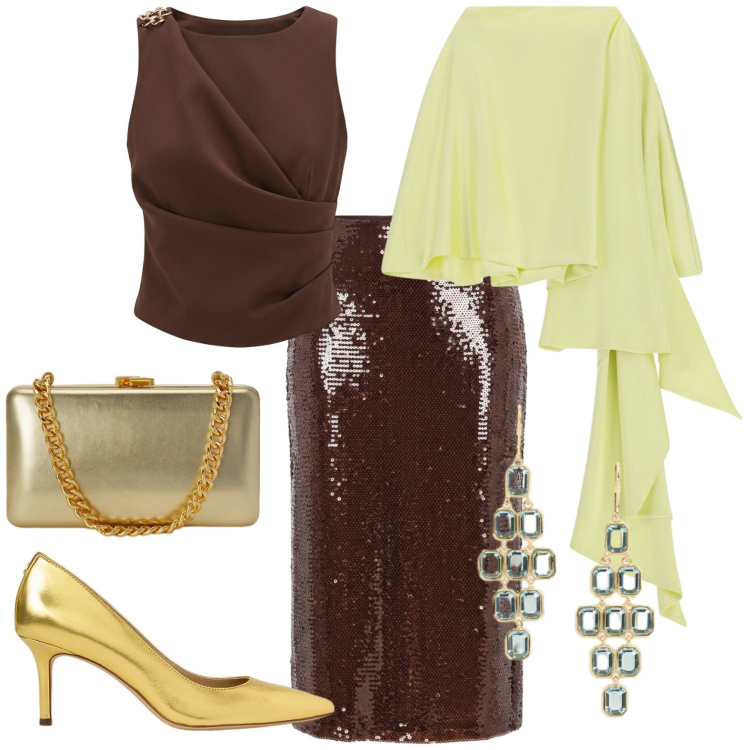 Outfit donna - Chic. Stile Chic per Serata fuori. Abbinamento con top, gonne longuette, scialli, décolleté, clutch, orecchini.
