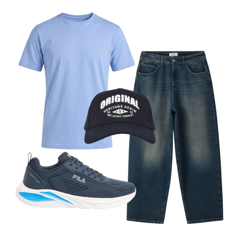 Outfit uomo - Total look #2430416. Stile Casual per Tutti i giorni. Abbinamento con sneakers, t-shirt, cappelli con visiera, jeans.