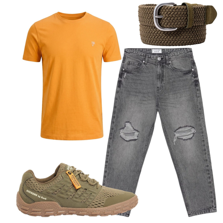 Outfit uomo - Total look #2430418. Stile Biker Rock per Tutti i giorni. Abbinamento con sneakers, jeans strappati, t-shirt, cinture.