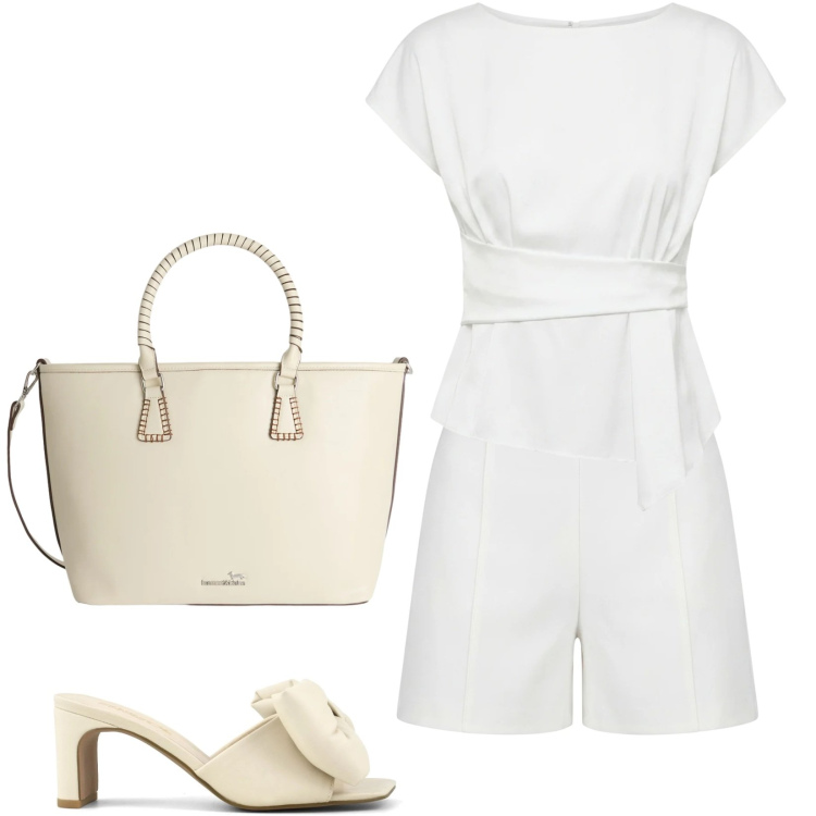 Outfit donna - Total look #2430442. Stile Casual chic per Tutti i giorni. Abbinamento con shopping bag, pantaloni corti, bluse, sandali col tacco.