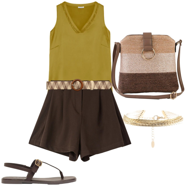 Outfit donna - Total look #2430443. Stile Trendy per Tutti i giorni. Abbinamento con borse a tracolla, sandali, cinture, shorts, top, braccialetti.