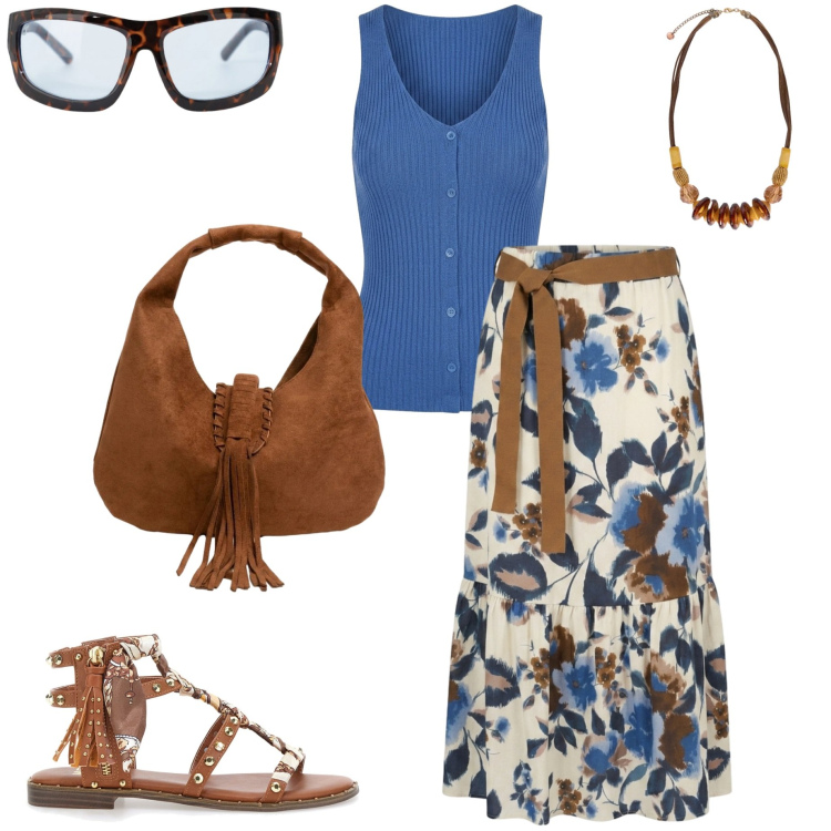 Outfit donna - Summer bags. Stile Boho per Ufficio. Abbinamento con occhiali da sole, collane, gonne lunghe, borse a spalla, canottiere, sandali.