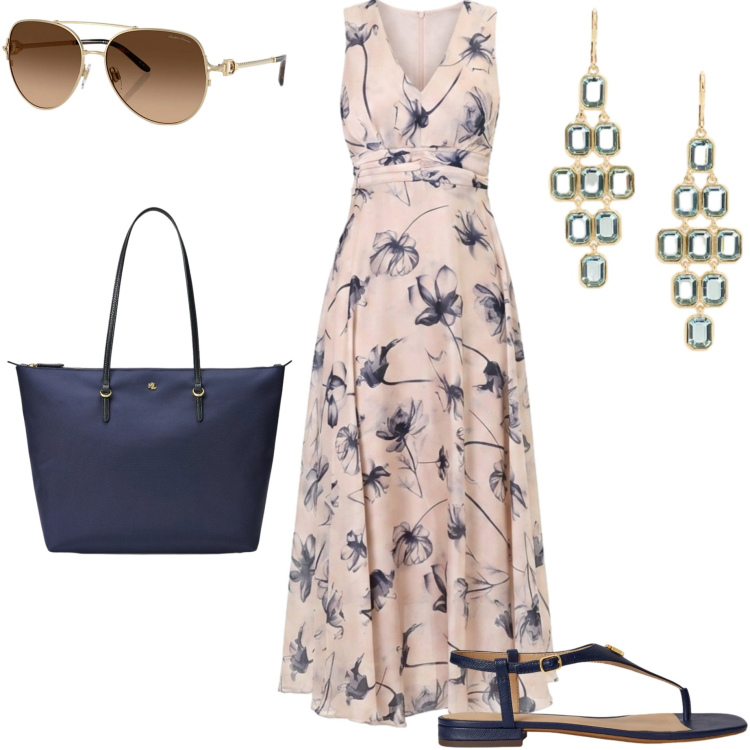 Outfit donna - Summer bags. Stile Casual chic per Tutti i giorni. Abbinamento con sandali in pelle, occhiali da sole, borse tote, orecchini, vestiti lunghi.