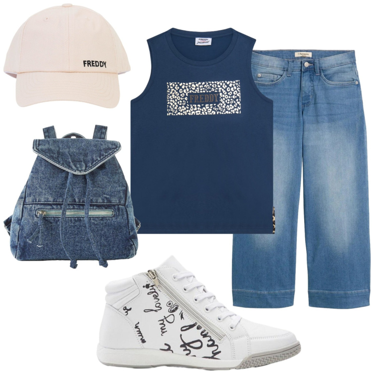 Outfit donna - Denim Vibes. Stile Urban per Tutti i giorni. Abbinamento con jeans, sneakers, zaini, cinture, canottiere, cappelli con visiera.
