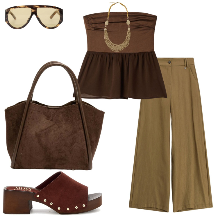Outfit donna - Summer bags. Stile Casual chic per Tutti i giorni. Abbinamento con top, pantaloni a palazzo, borse a spalla, collane, occhiali da sole, sandali col tacco.