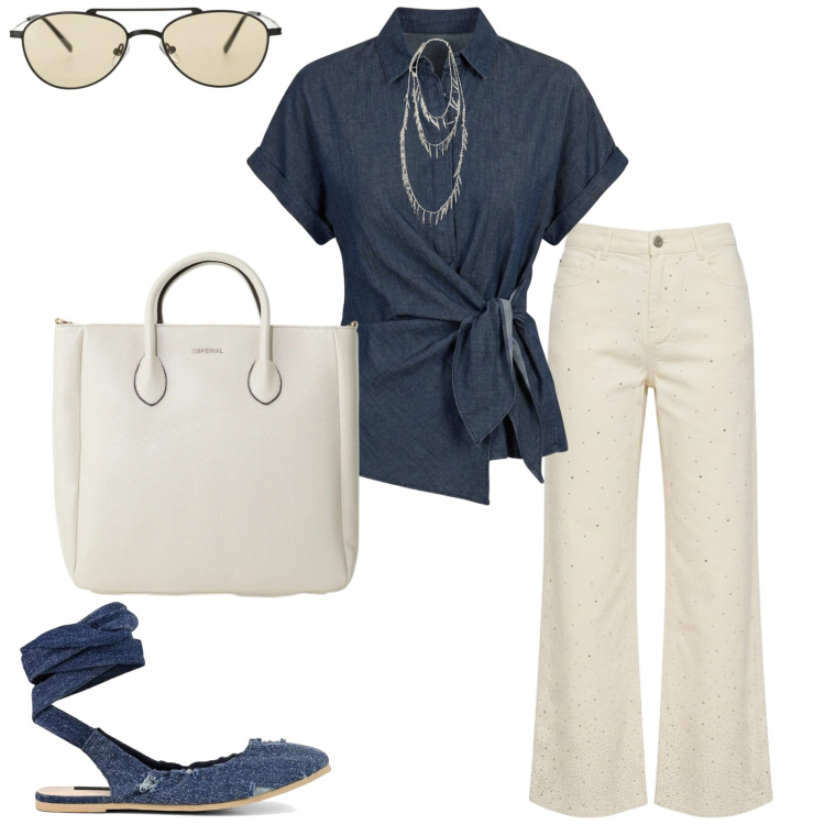 Outfit donna - Summer bags. Stile Casual chic per Ufficio. Abbinamento con jeans a zampa, camicie a manica corta, occhiali da sole, collane, borse a tracolla, ballerine.