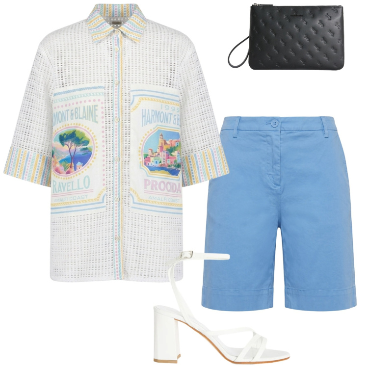 Outfit donna - Harmont & Blaine. Stile Casual chic per Tutti i giorni. Abbinamento con camicie a manica corta, sandali in pelle, anelli, bermuda.