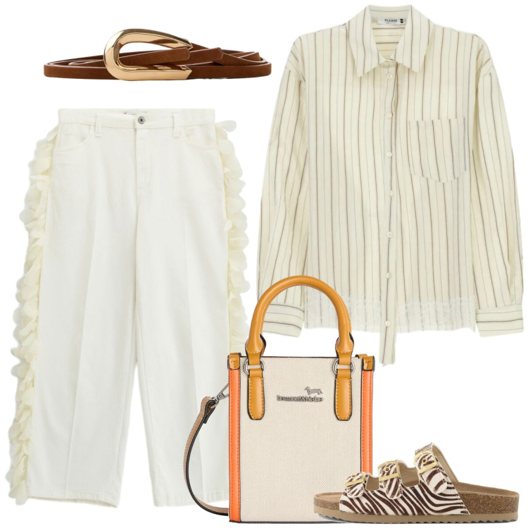 Outfit donna - Righe diverse. Stile Casual chic per Ufficio. Abbinamento con cinture, borse tote, pantaloni, camicie, sandali in pelle.