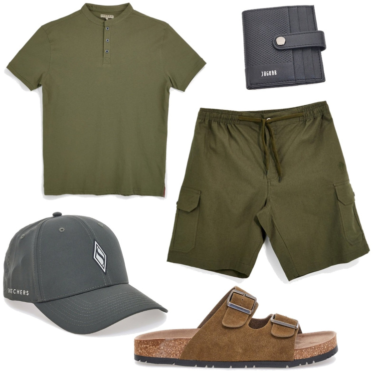 Outfit uomo - Pittarello - Summer Collection. Stile Trendy per Tutti i giorni. Abbinamento con portafogli, t-shirt, sandali, bermuda, cappelli con visiera.
